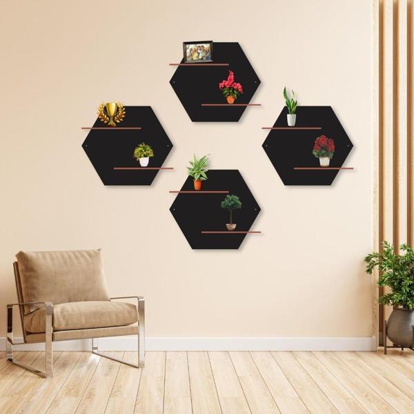 Hexagon Wall Shelves Set – Stylish Wooden Display Racks for Home improvement
